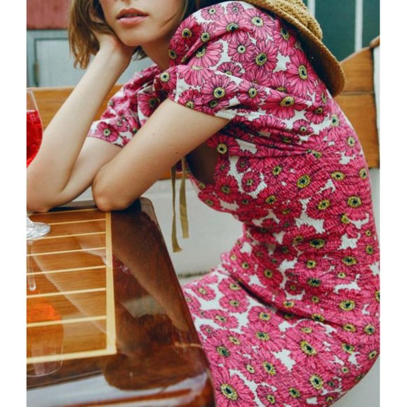 Zara Floral Balloon Sleeve Dress Smocked Puff Princess Pink Sweetheart Bust Mini - Picture 7 of 14